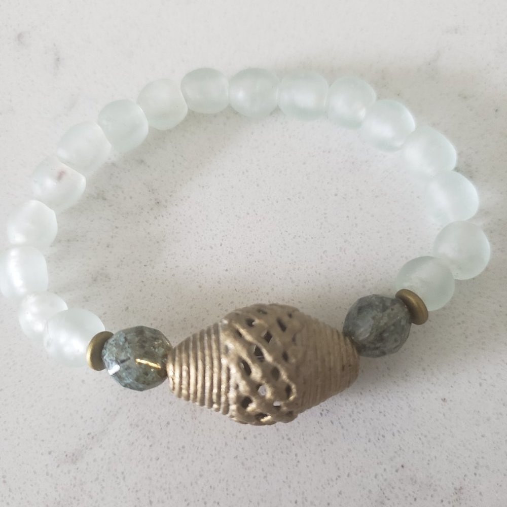 Handmade Beaded Stretch Bracelet with African Rice Bead